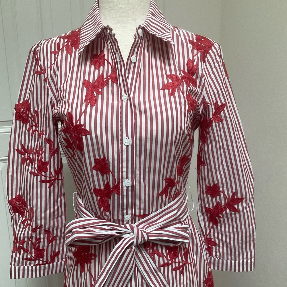 Zara Striped Embroided Dress Red  Midi XSmall - Picture 4 of 15